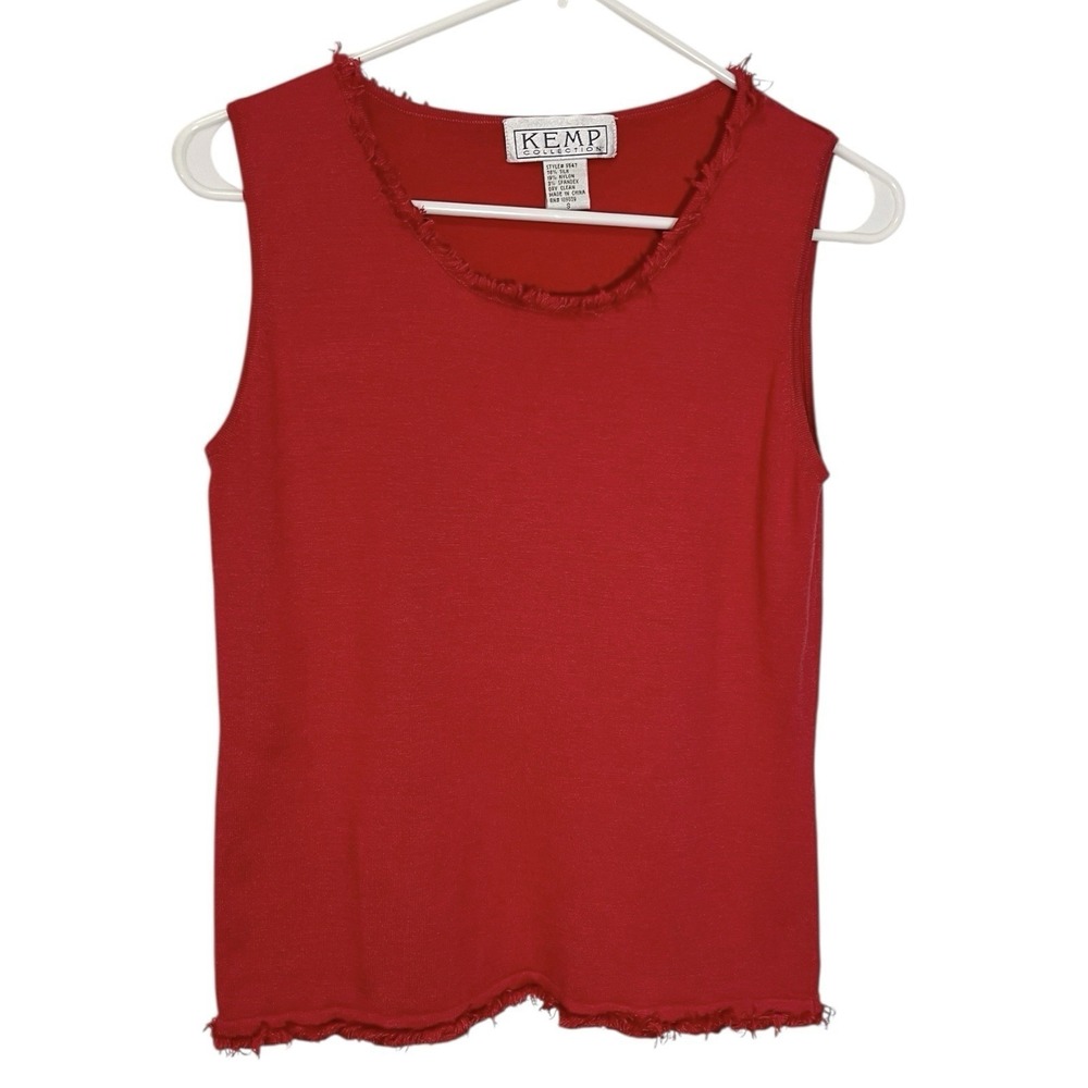 Kemp Collection S Red Tank Top Silk Blend Fringe Trim Minimalist Chic
